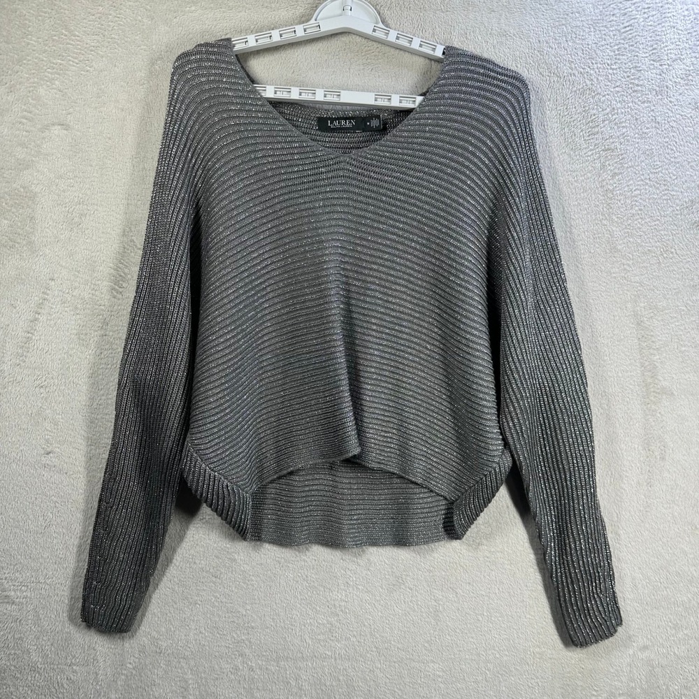 Lauren Ralph Lauren Silver Metallic Ribbed V-Neck High Low Sweater Womens Medium